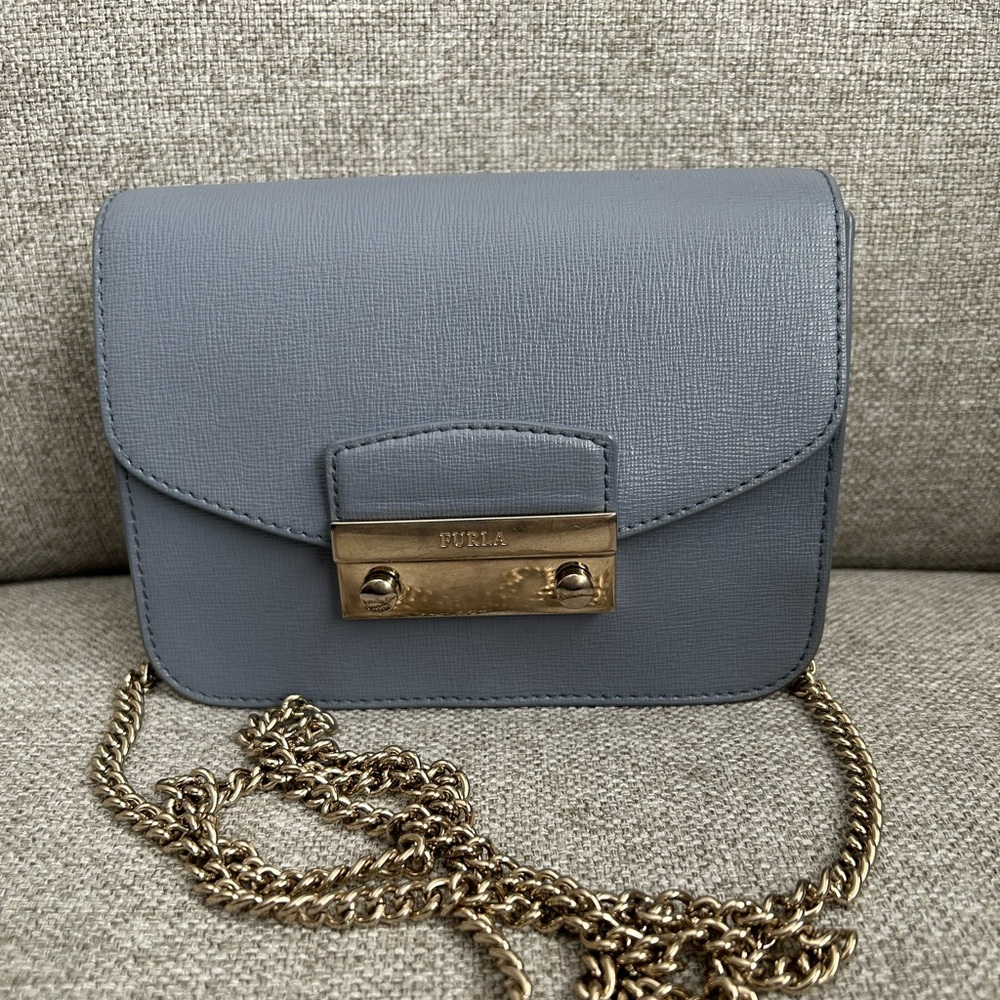 Furla Blue Gold Crossbody Bag with Flap Closure
